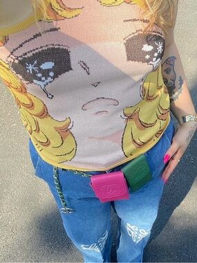 PushButton Anime Tear-Graphic Knit Tank Top in Yellow and Pink
